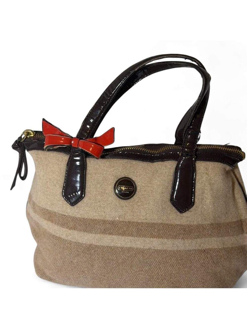 Coach Brown Canvas and Patent Leather Bow Shoulder Bag